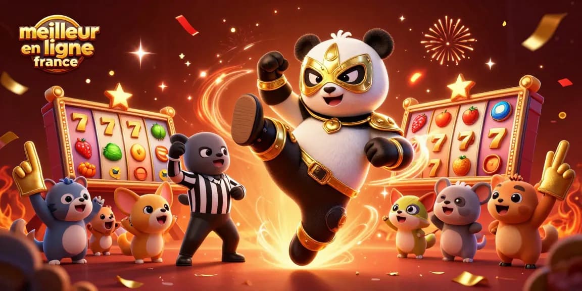 Vivez l'excitation du meilleur casino en ligne France avec cette illustration captivante d'un panda lutteur et de petits spectateurs.