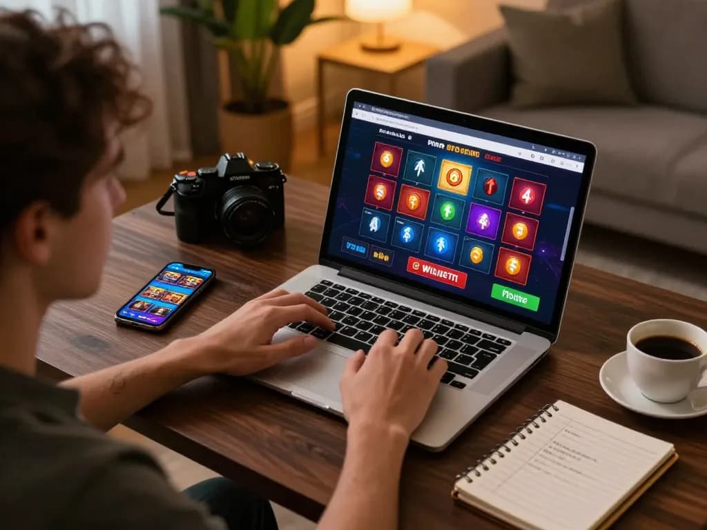 Engaging player enjoying a game at casino online stranieri on a laptop, showcasing strategic gameplay and a stylish home environment.