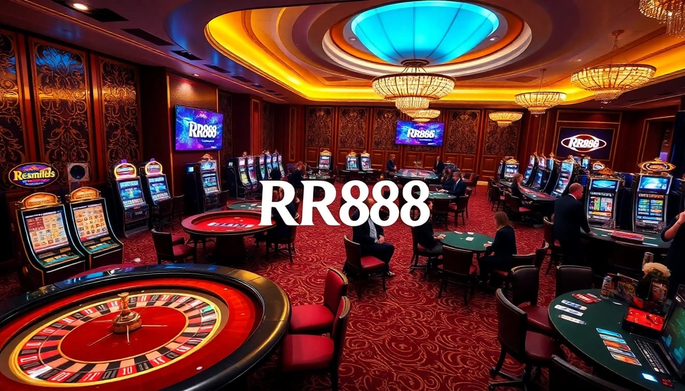Players enjoying high-stakes action at RR88 casino tables with vibrant slot machines.