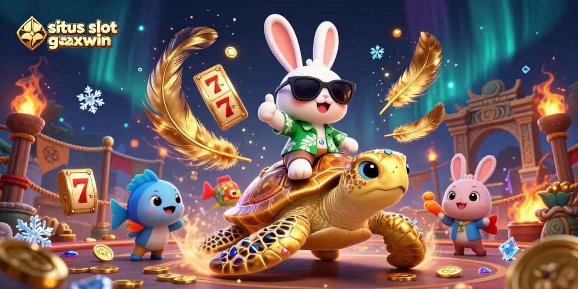 Experience thrilling wins with situs slot gacor maxwin featuring a lucky rabbit and a golden sea turtle in a vibrant casino scene.
