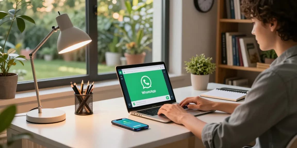 Engaged user on WhatsApp電腦版 in modern home office, vibrant workspace with laptop and smartphone.