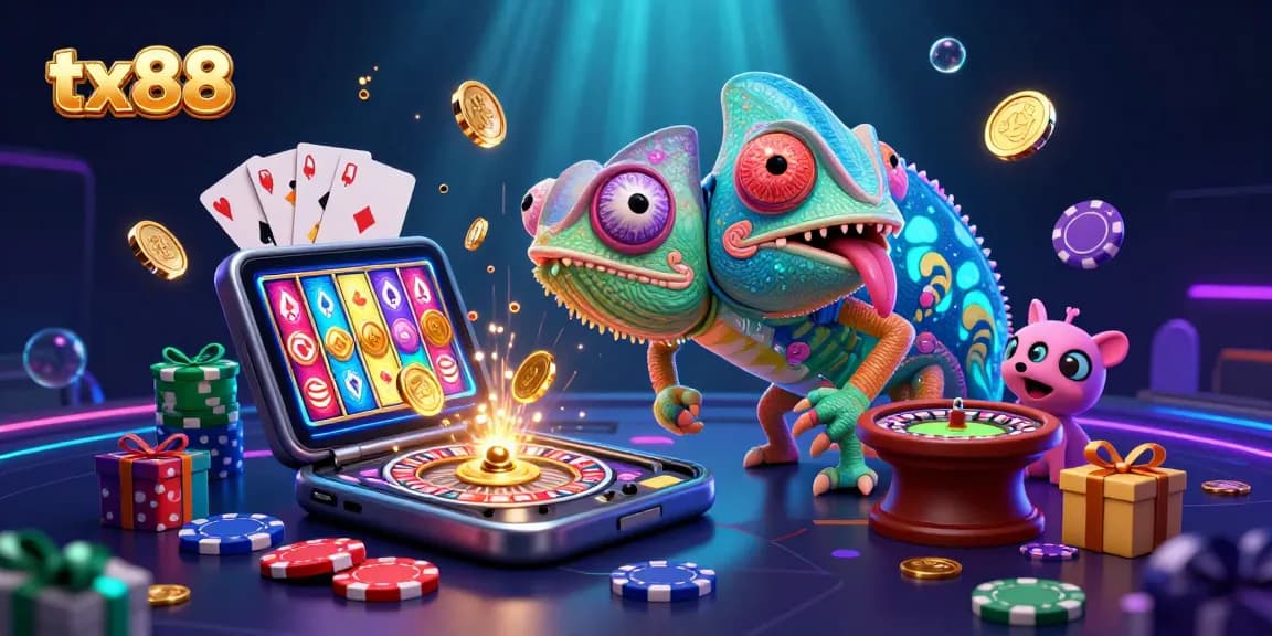 Engage with tx88's vibrant casino atmosphere through a cartoon chameleon owner, capturing excitement in gaming.