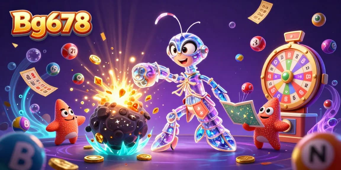 Engage with Bg678's gaming excitement featuring dynamic colorful lottery elements and vibrant casino scenes.
