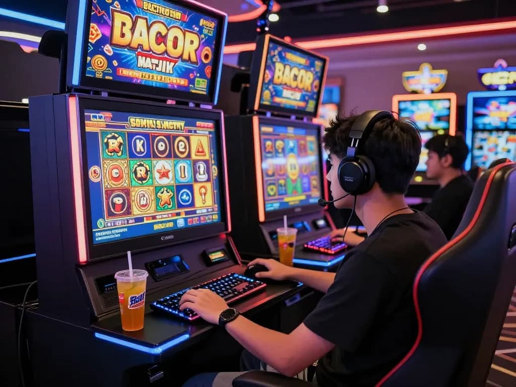 Player enjoying slot gacor hari ini in a vibrant online gaming setup, showcasing excitement and immersive elements.
