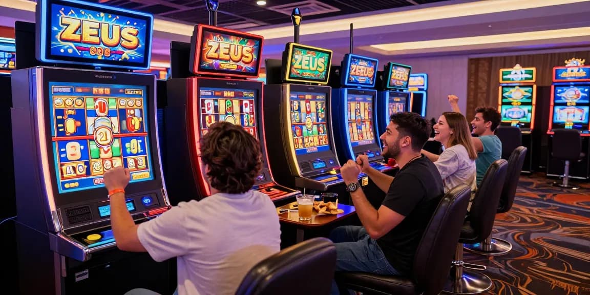 Players enjoying the zeus slot game in a vibrant, colorful casino environment.