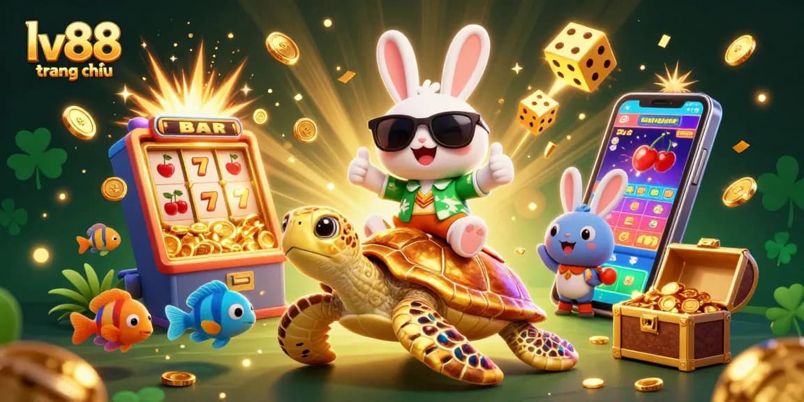Experience the excitement at lv88 trang chủ with a vibrant 3D illustration of a lucky rabbit on a golden turtle surrounded by casino symbols.