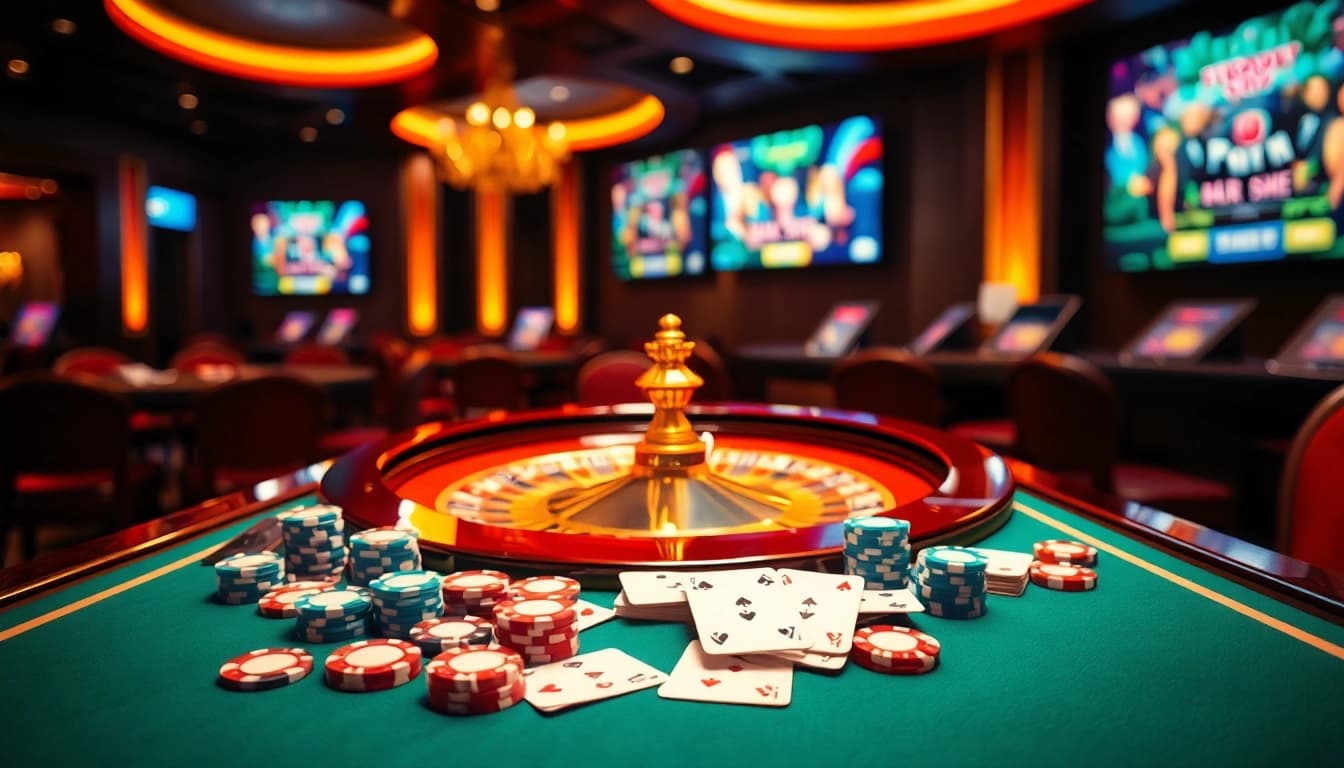 Engage in exciting gameplay with free porn games amidst a vibrant casino backdrop featuring roulette wheels.
