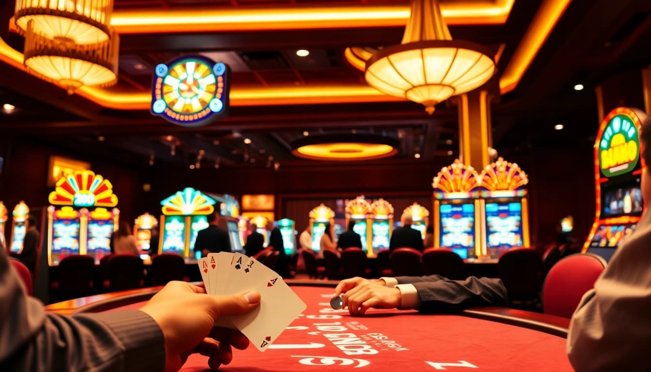 Pakde4d menarik perhatian dengan dealer kartu dan mesin slot yang bercahaya di kasino.