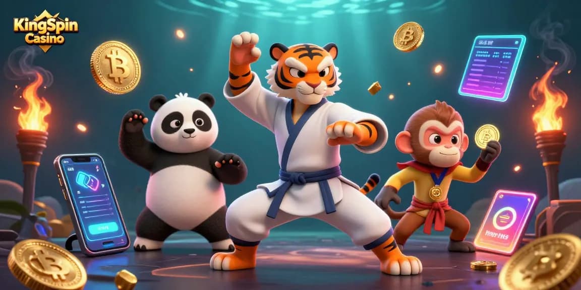 A KingSpin Casino játékban pénzt nyerő kung fu tigris és panda csoportosítása, míg a majom aranyérmet lop el