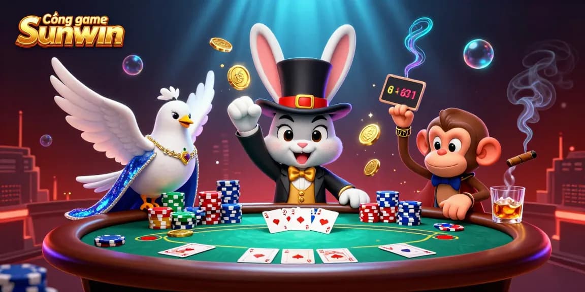 Experience the fun at Cổng game Sunwin with lively characters interacting at the poker table.