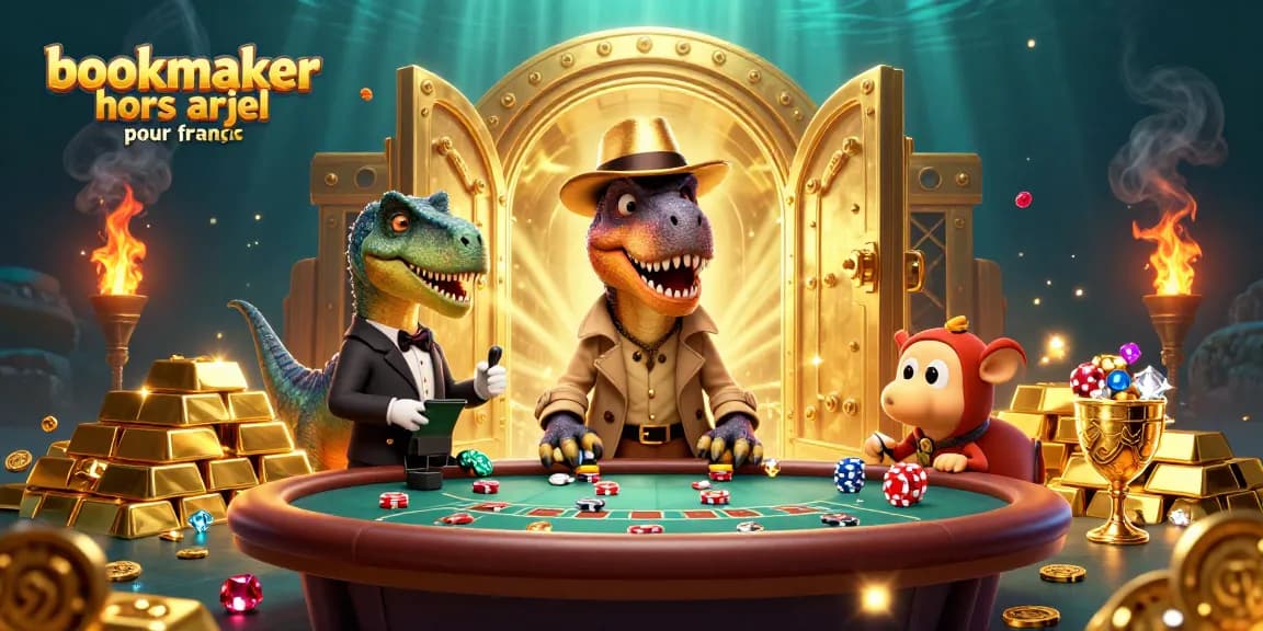 Visuel captivant de bookmaker hors ARJEL pour Français sur une scène de casino avec des personnages animés.