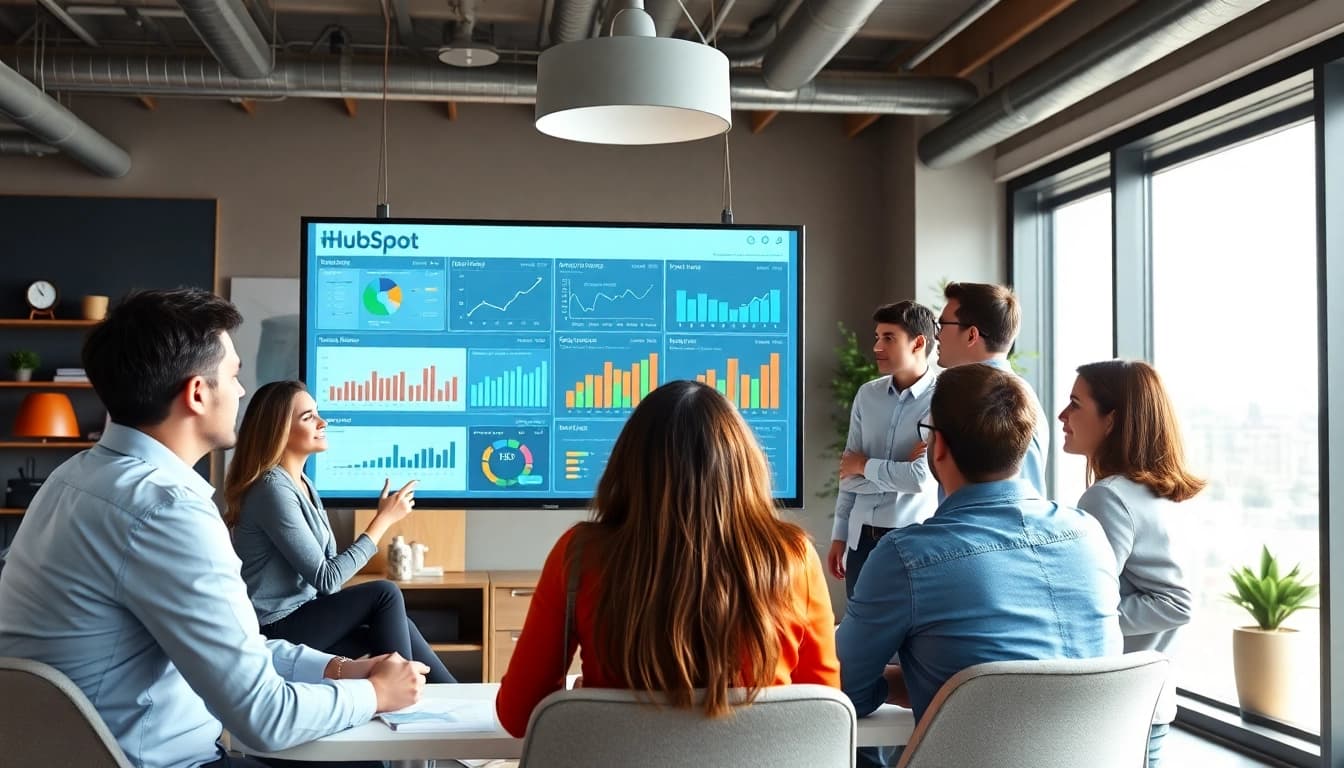 Engaged team strategizing for agencia hubspot success in a modern office environment.