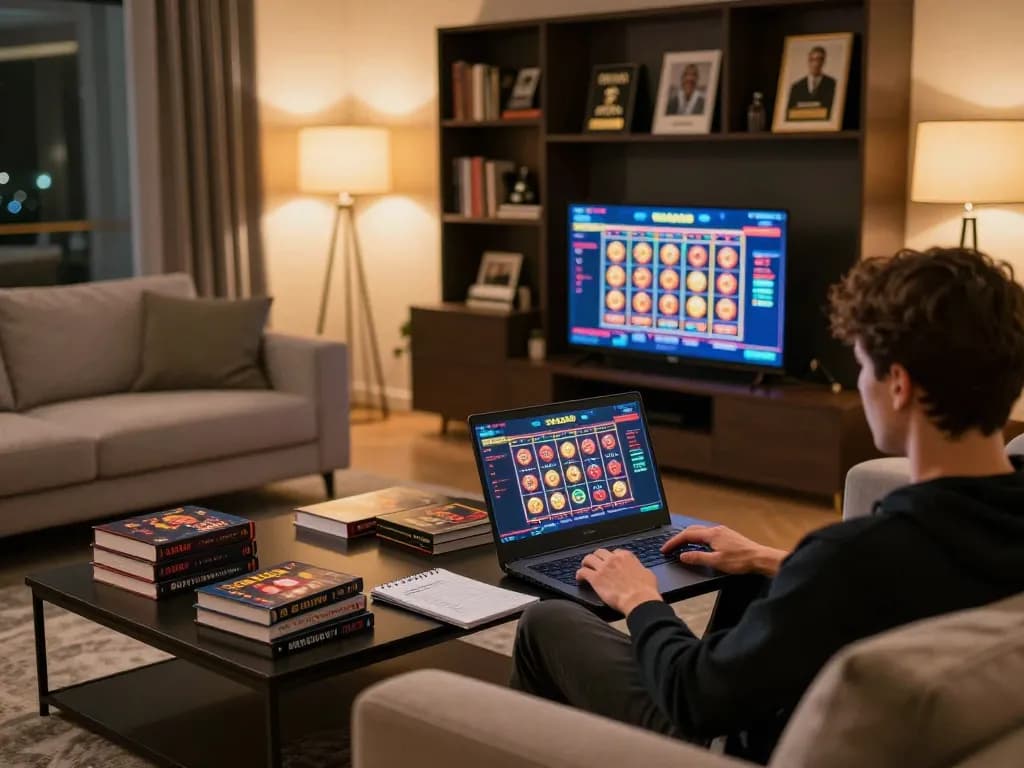 Player engaging in online SC88VN slots at home, showcasing vibrant gaming atmosphere and strategy