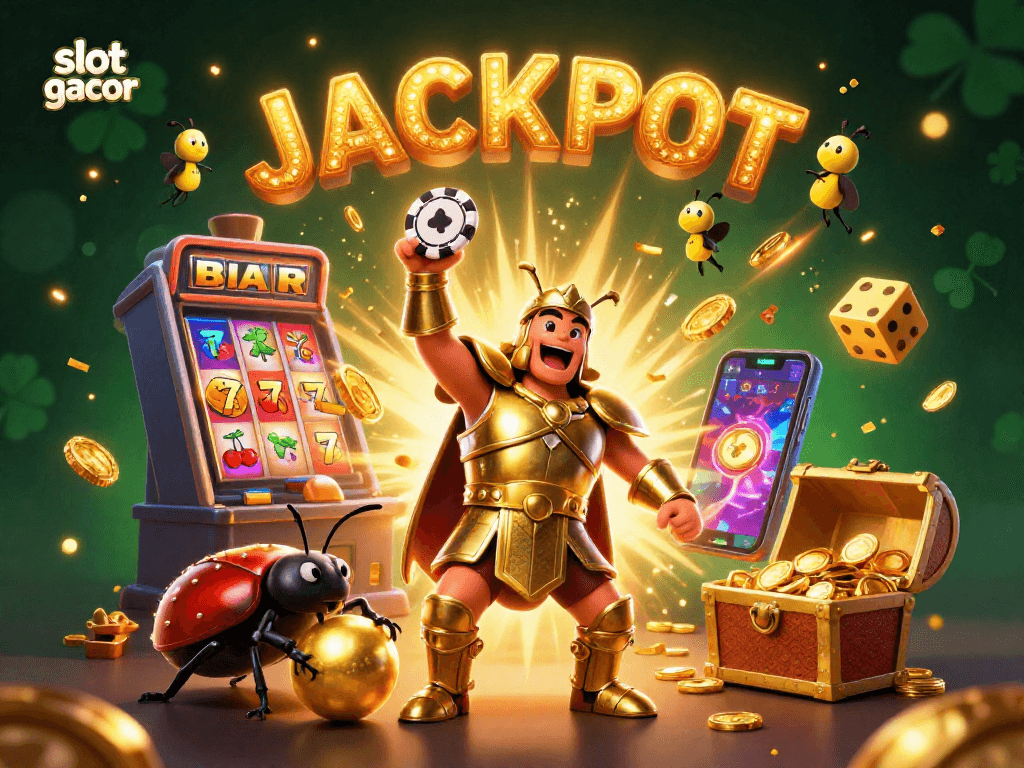 Engage with slot gacor thrills as a 3D beetle champ celebrates jackpot wins in a colorful casino scene.