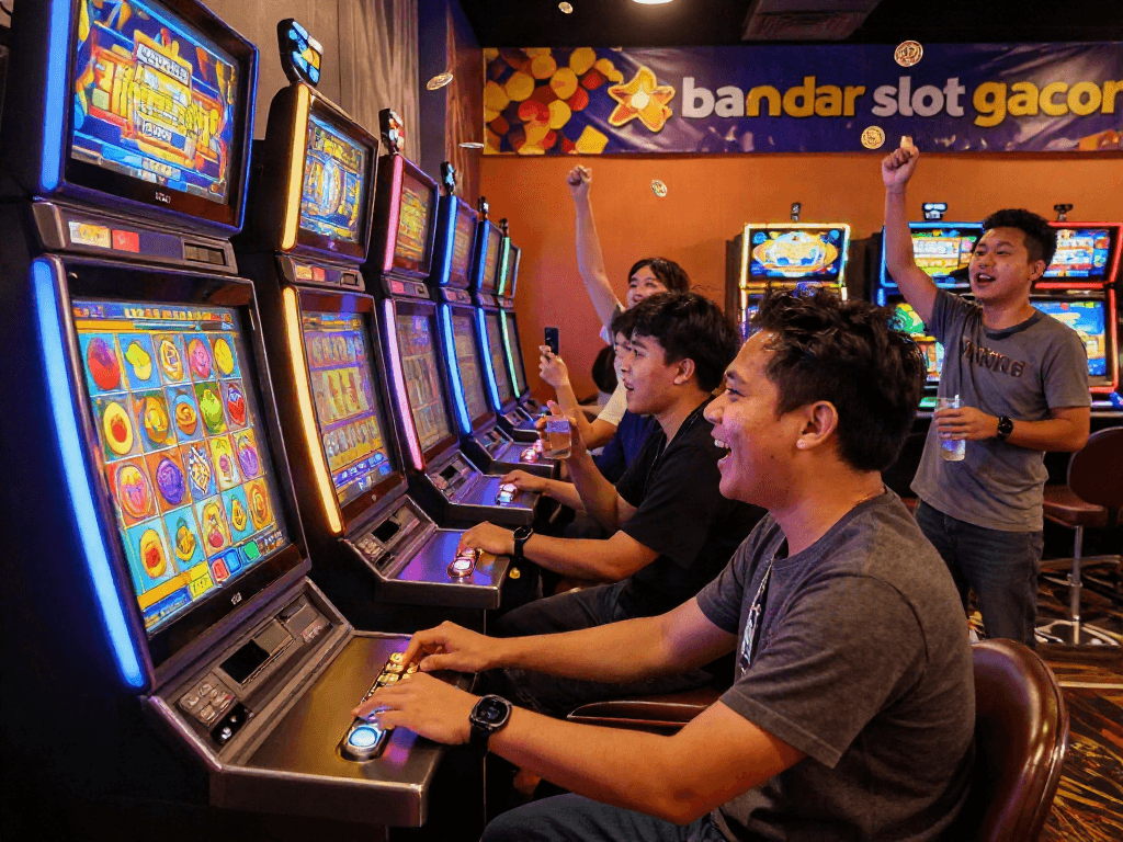 Exciting players enjoying bandar slot gacor in a vibrant gaming room with colorful slot machines.
