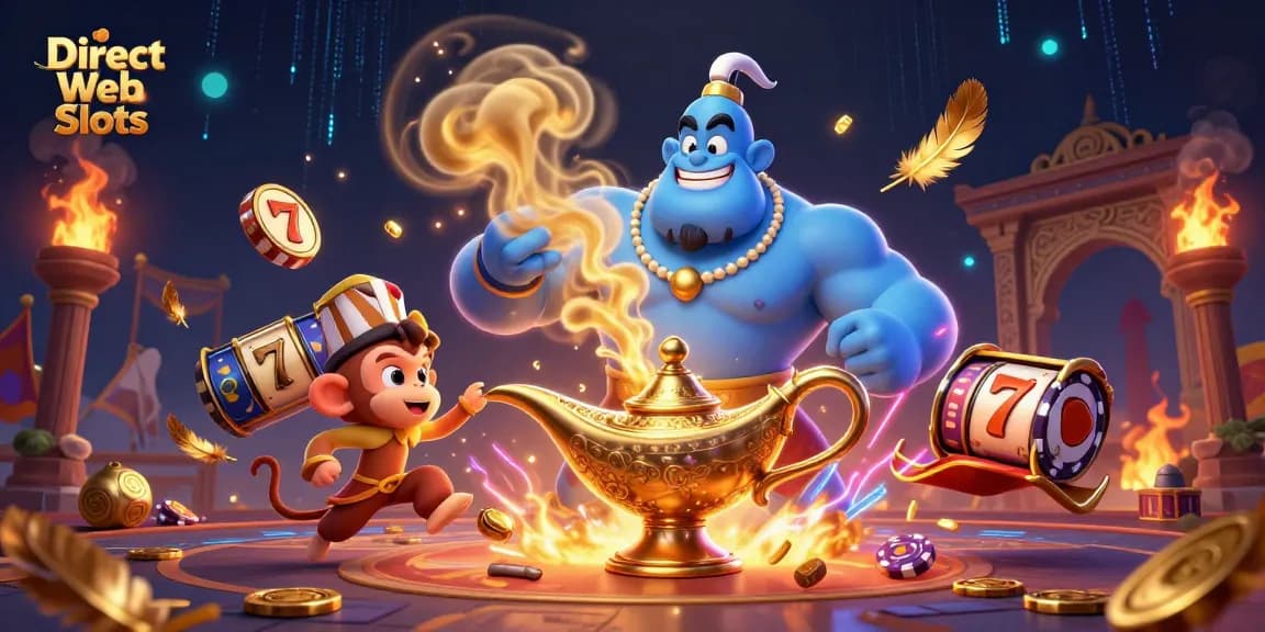 Spin the reels at Direct Web Slots with a genie and monkey in a magical scene filled with jackpots and fun!