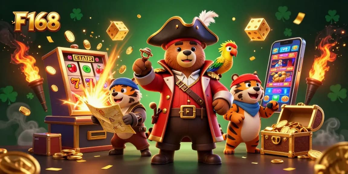 Experience F168's thrilling slot machine excitement with pirate-themed adventure characters and casino elements.