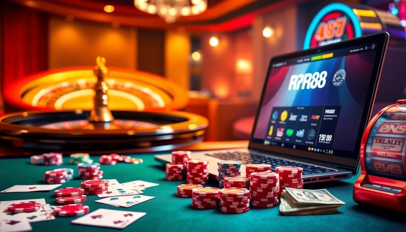 RR88 casino scene featuring poker chips and a roulette wheel in a luxurious setting