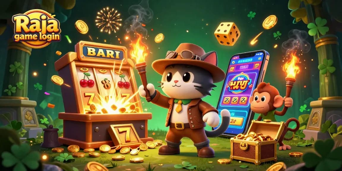 Experience Raja game login with a vibrant scene showcasing slot machines, golden artifacts, and dynamic casino elements.