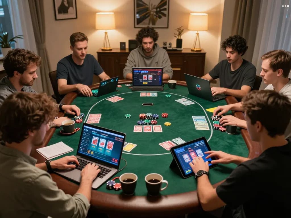 Pemain terlibat dalam sesi permainan poker online paris888 dengan laptop dan suasana yang hangat.