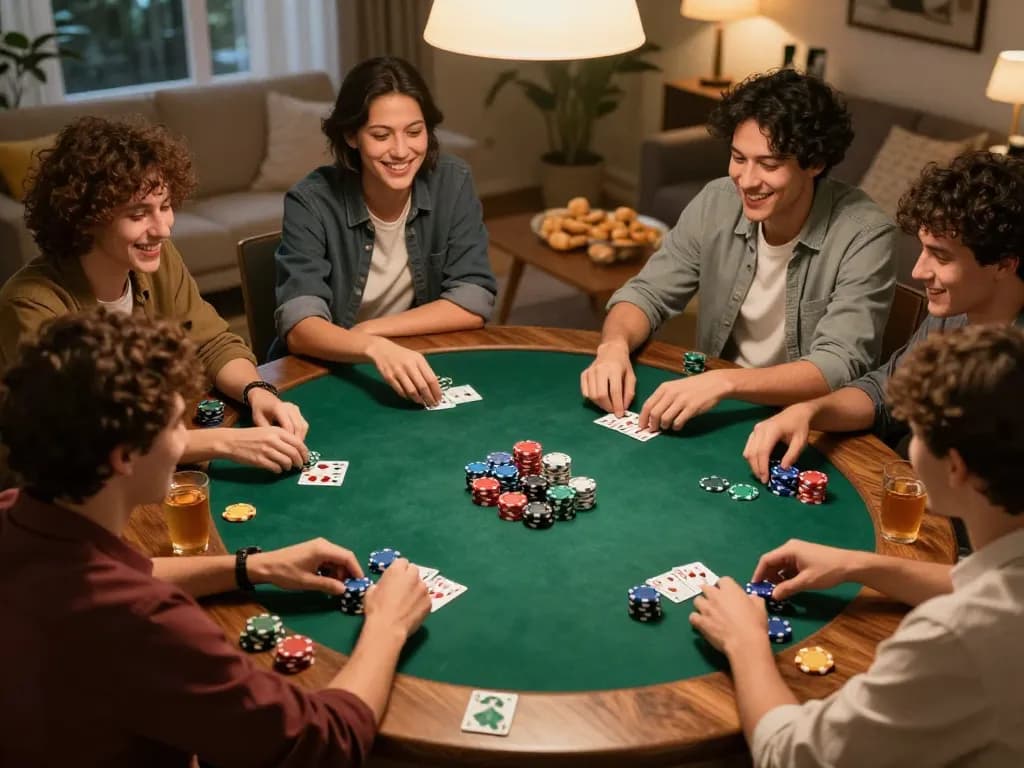 Friends enjoying a friendly poker night with F8 BET, showcasing vibrant chips and intense gameplay.