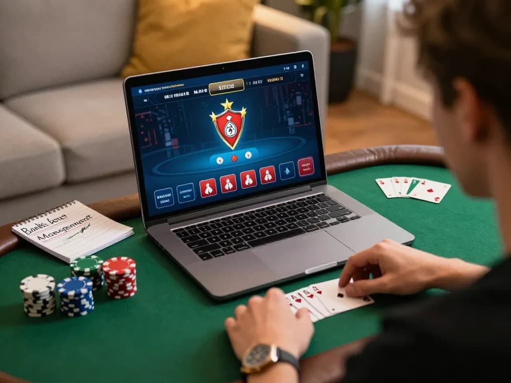 Engaged player using laptop for online w 88 poker game in warm home setting
