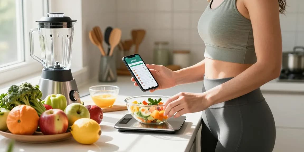 Using the best food tracker app, a health-conscious individual prepares fresh meals in a bright kitchen.
