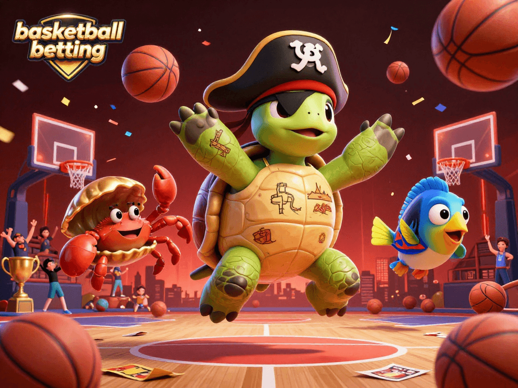 Basketball betting scene with characters celebrating over dynamic sports elements and odds slips.