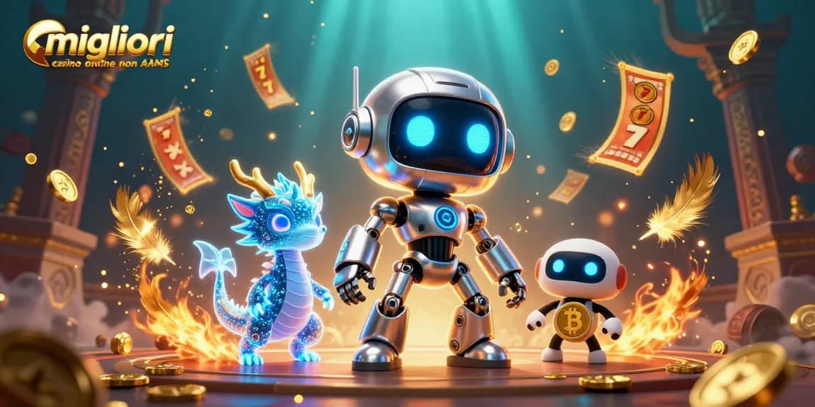 Vivi l'emozione nei migliori casino online non AAMS con una vivace scena di casinò 3D che presenta elementi al neon e azione di scommessa dinamica.