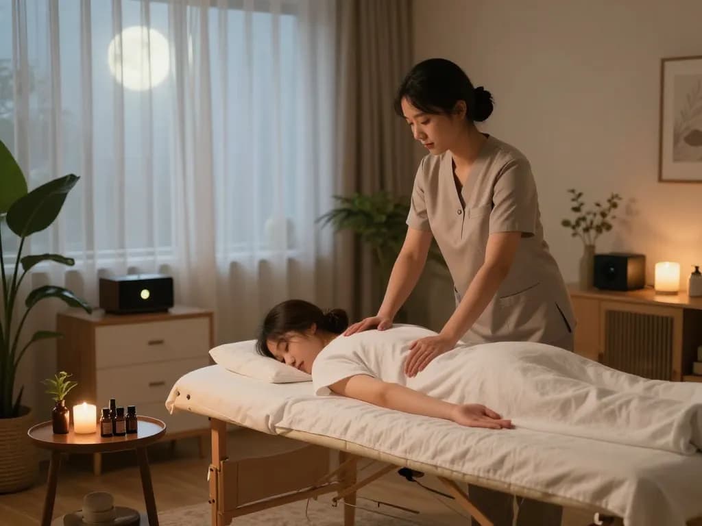편안한 가정 환경에서 전문 치료사가 부드러운 세션을 위해 준비하는 출장마사지 서비스.