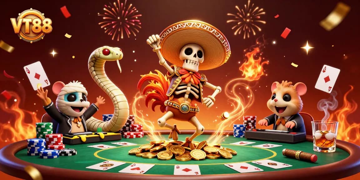 VT88 showcases a lively casino scene with festive characters celebrating big wins at poker tables.