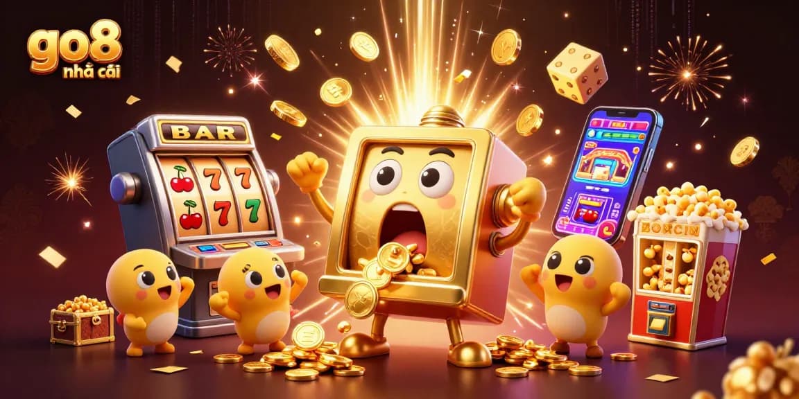 Experience the excitement of go8 nhà cái with an animated golden slot machine celebrating its jackpot.