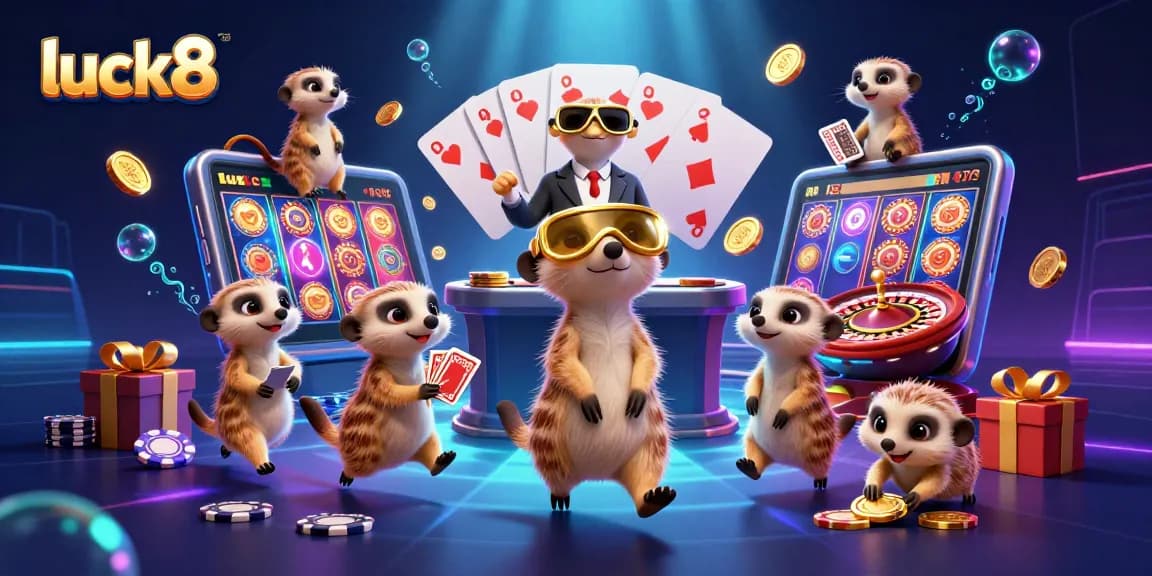 Meerkats manage a vibrant casino operation in this luck8 3D illustration, showcasing gameplay excitement.