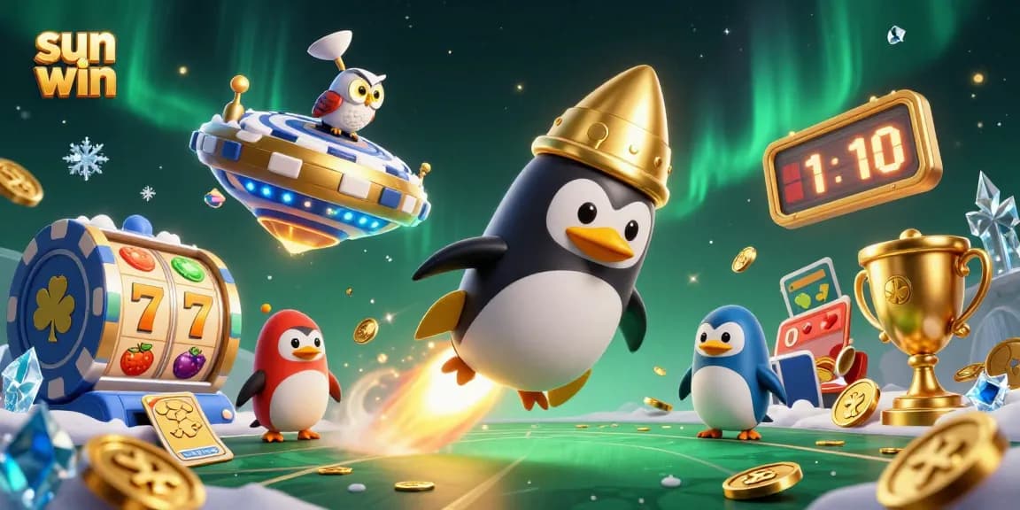 Experience thrilling adventures in sun win's casino space with a golden penguin, jackpots, and sparkling elements.