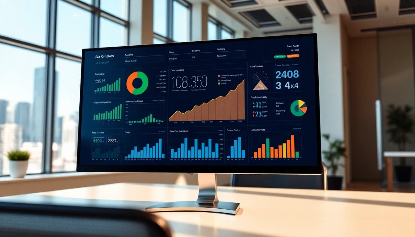 Analyze SEO performance through visually engaging business analytics on a monitor in a bright office.