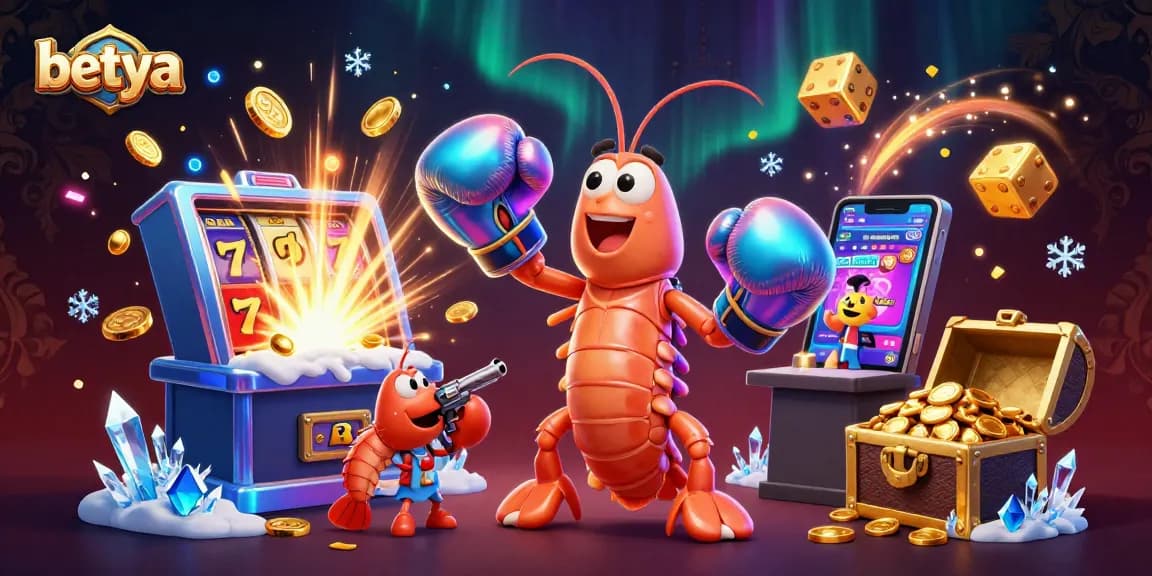 Betya showcases a dynamic scene with a boxing mantis shrimp, explosive jackpot, and vibrant casino elements.