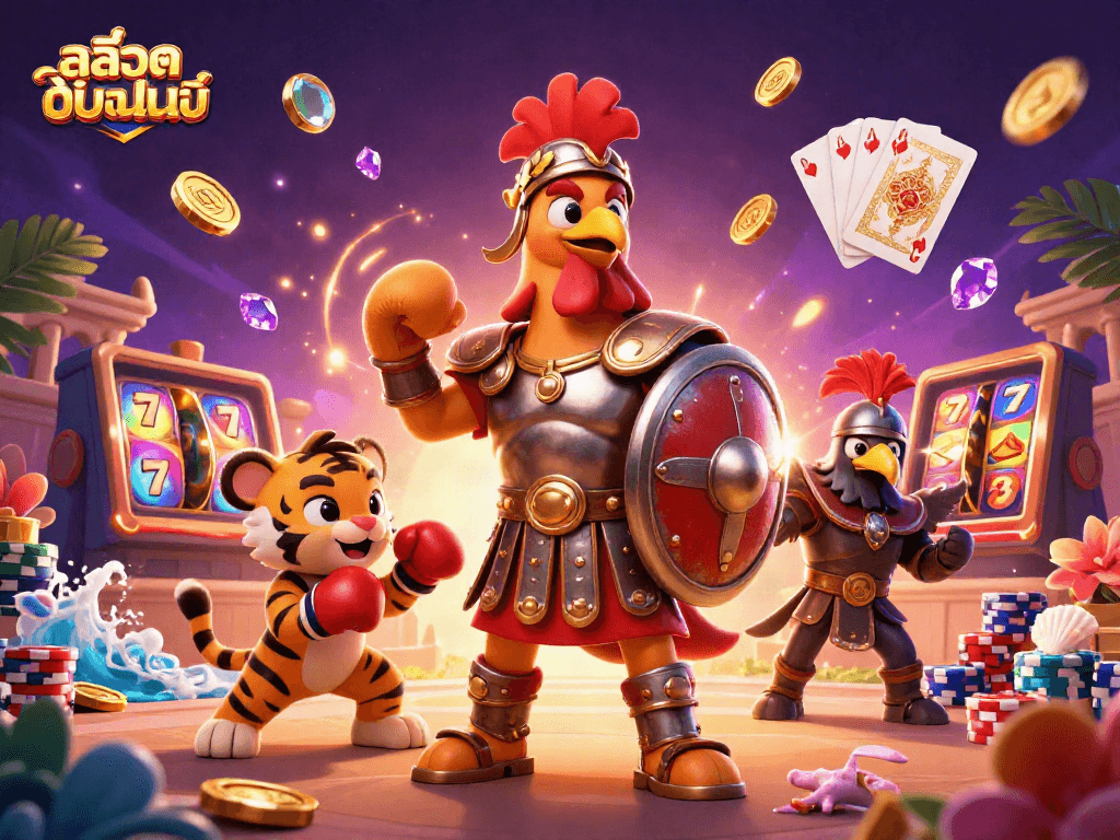 Engage with สล็อตออนไลน์ as the gladiator rooster conquers the casino arena surrounded by vibrant game elements.