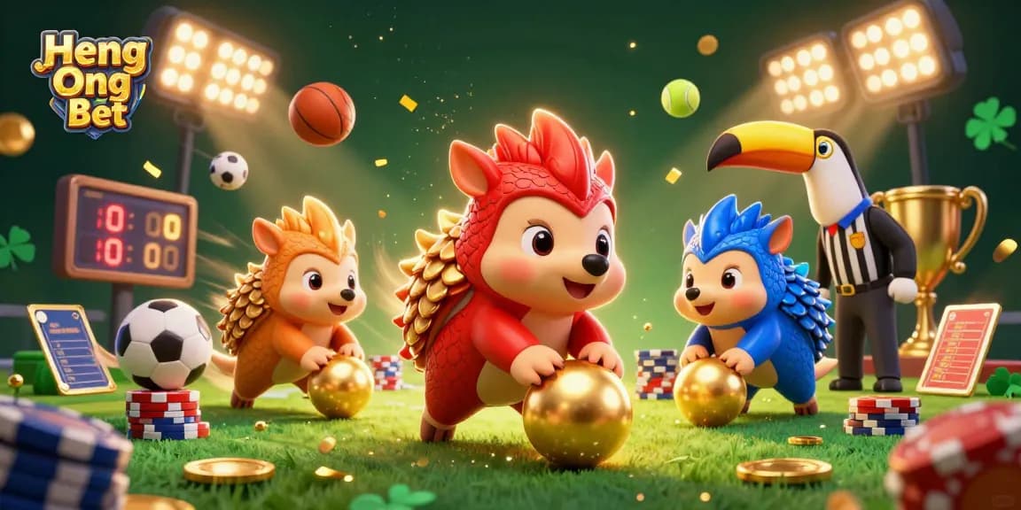 Engage with Heng Ong Bet through dynamic sports betting action featuring rival pangolins and golden coins.