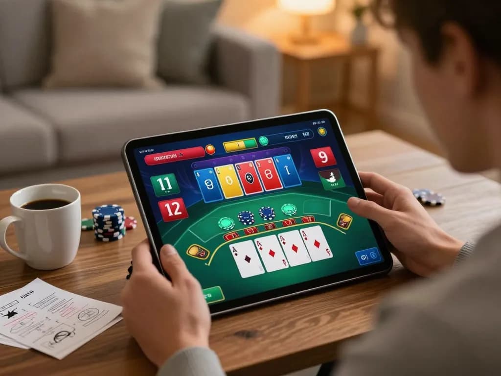 Engaging in a thrilling live blackjack game on 388bet tablet in cozy home setting.