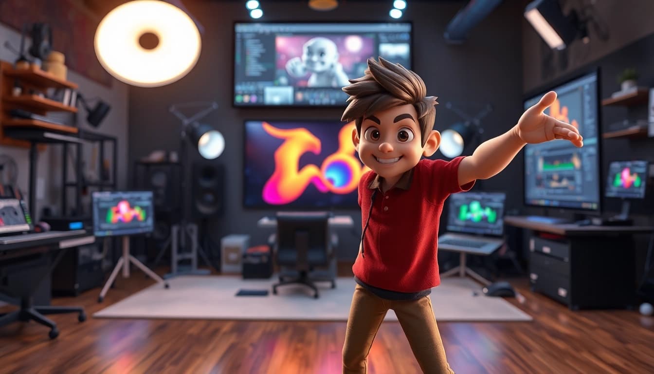 3D Animation character showcases intricate design and vibrant colors in a digital studio.