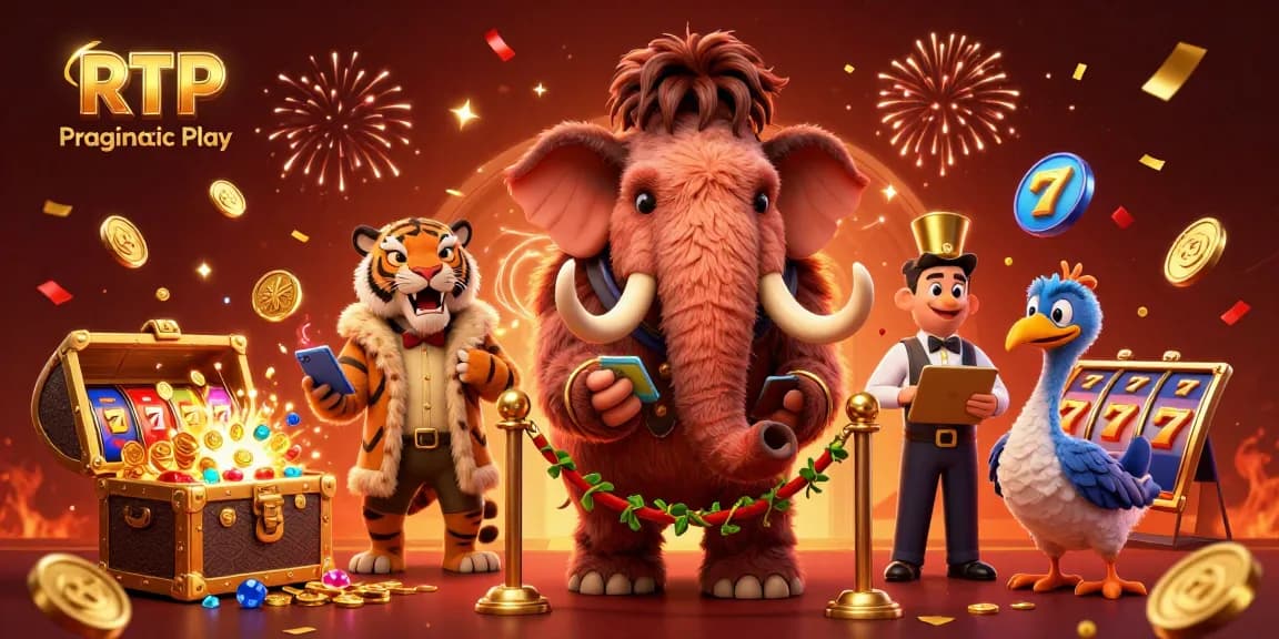 Engage with RTP Pragmatic Play surrounded by vibrant slot elements and dynamic characters in a casino setting.
