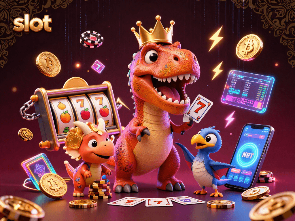 Engage with thrilling slot gameplay, featuring animated dinosaurs, golden chips, and crypto elements.