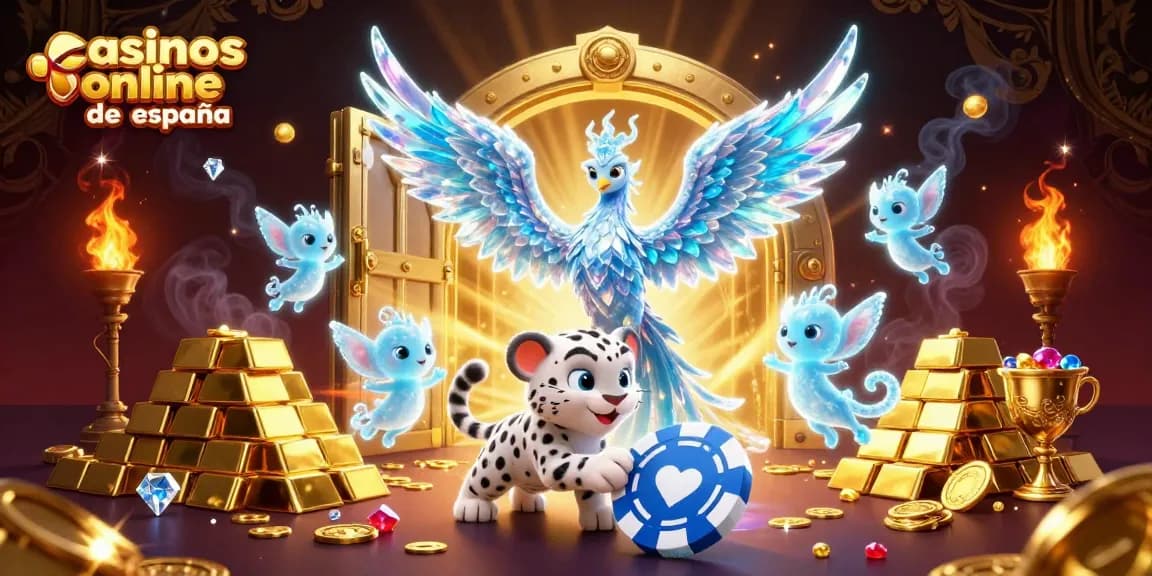 Disfruta de la emoción de los casinos online de España con una ilustración vibrante de un fénix de hielo y un cub de leopardo de nieve.