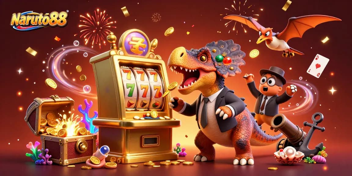 Experience the excitement of naruto88 with a pachycephalosaurus directing a slot jackpot celebration.