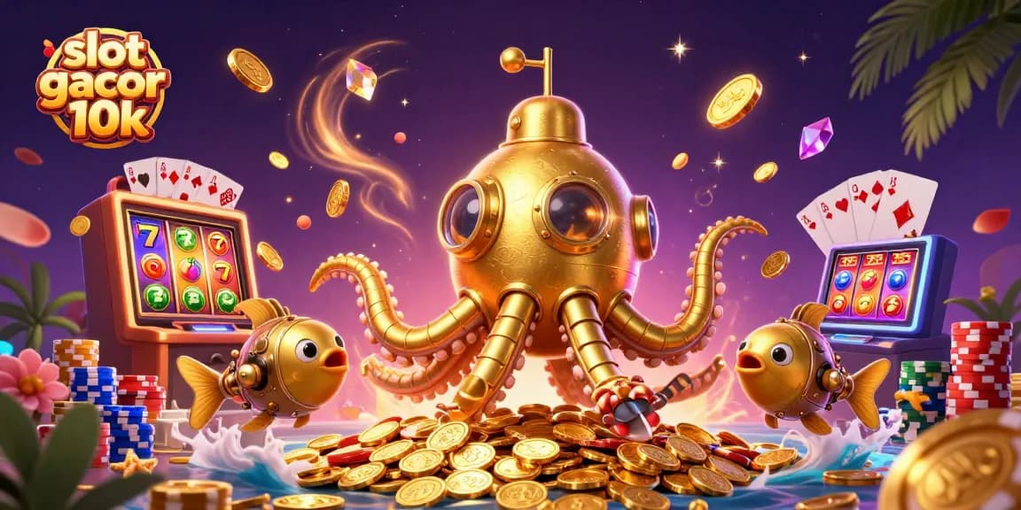 Memainkan slot gacor depo 10k dengan jackpot berkilau dan karakter menarik serta elemen kasino di sekelilingnya.