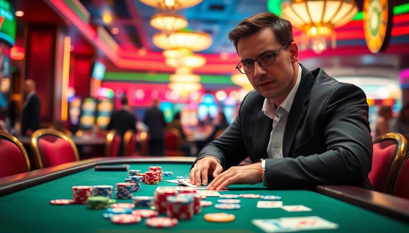Neue casino bonus ohne einzahlung - Spieler am Tisch mit bunten Chips und spannenden Karten.