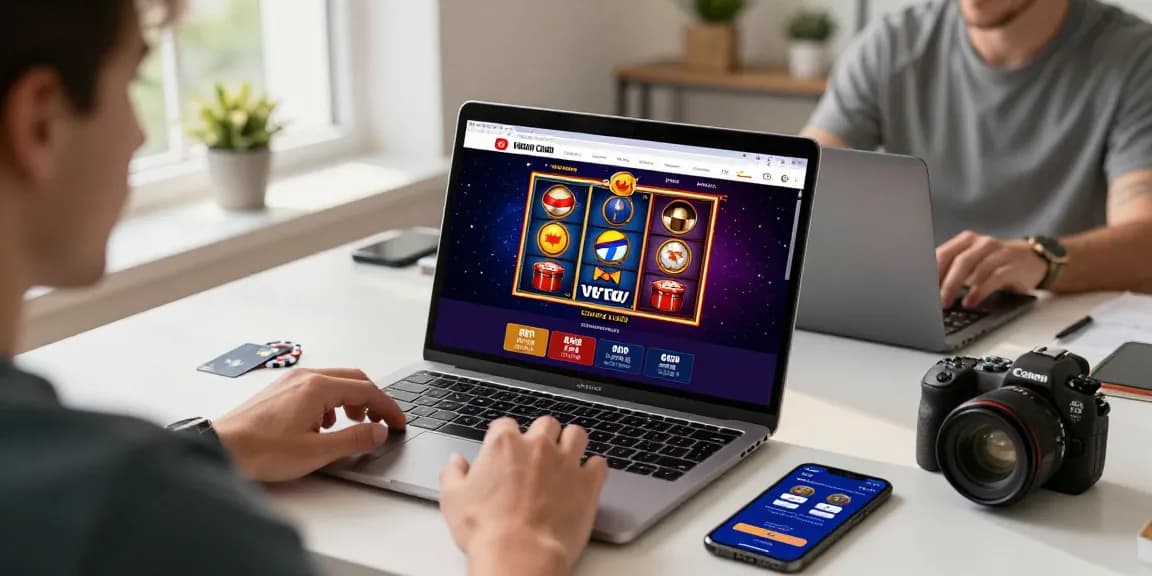 Engaging players at secure credit card casinos using laptops with slot titles displayed and gaming elements.
