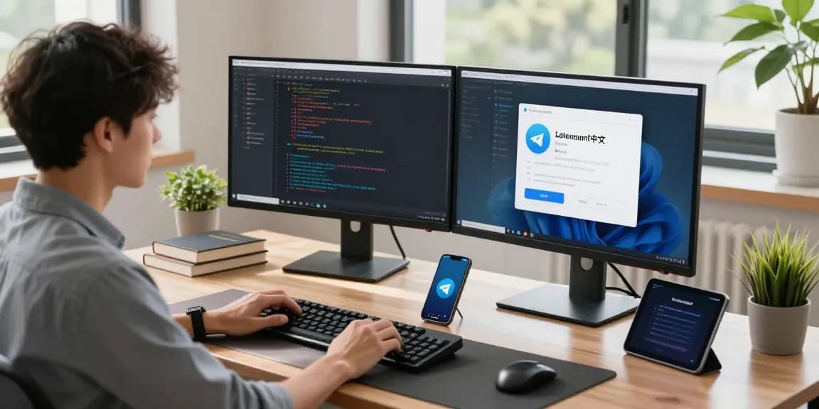 Dynamic tech workspace showcasing telegram中文 interface on monitors, emphasizing productivity.