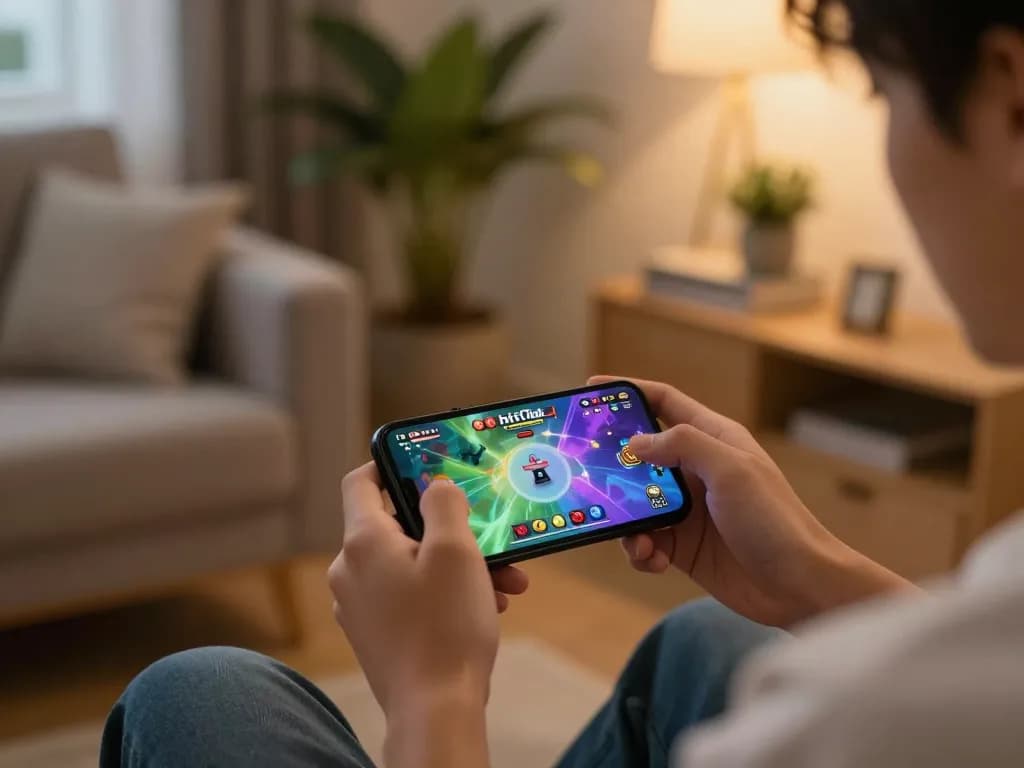 Engaging gameplay on hitclubapk mobile app in a cozy home setting.