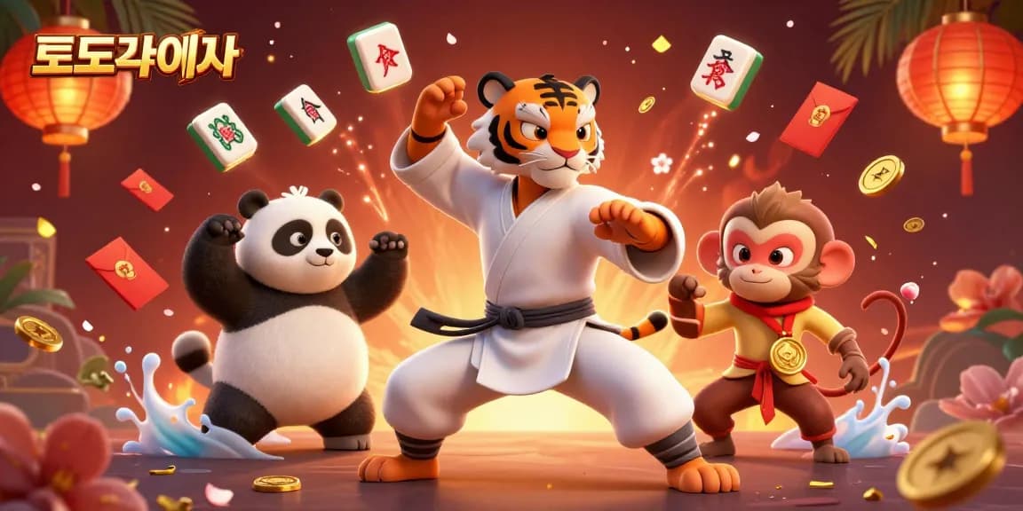 Experience thrilling fun with 토토사이트 as a kung fu tiger master teaches, surrounded by vibrant game elements.